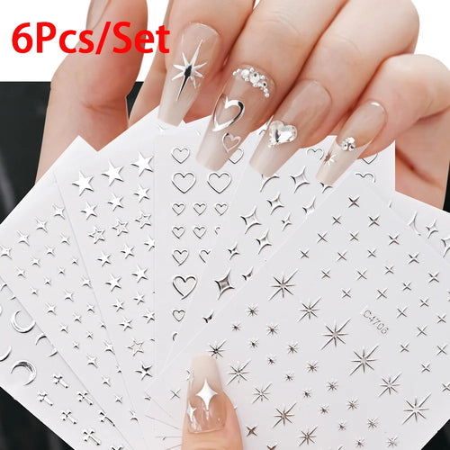 6Pcs Silver 3D Nail Art Stickers – Star, Heart & Moon Designs