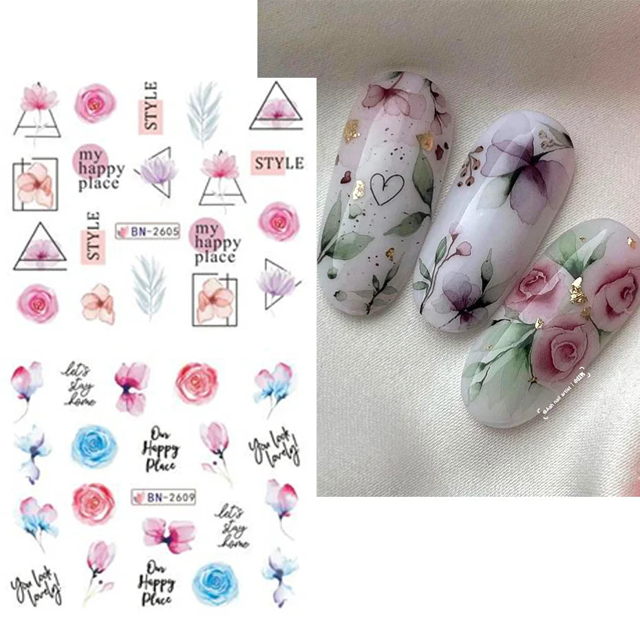 Ink Flowers & Cartoon Cat Nail Art Stickers – Water Transfer Sliders (12pcs)