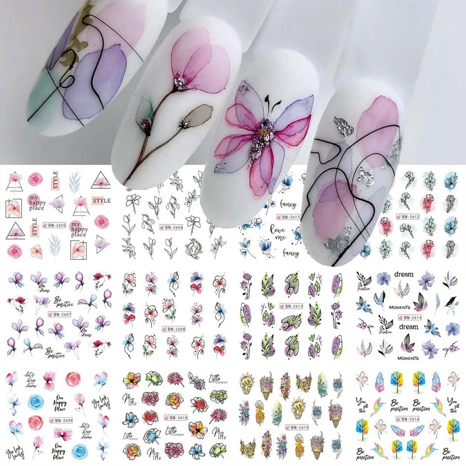 Ink Flowers & Cartoon Cat Nail Art Stickers – Water Transfer Sliders (12pcs)