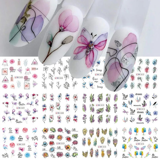 Ink Flowers & Cartoon Cat Nail Art Stickers – Water Transfer Sliders (12pcs)