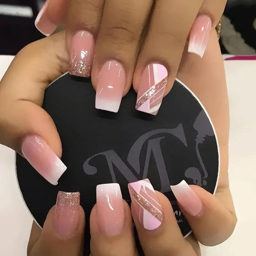 Glossy Press on Nails Set Short Oval Shiny Gradient French Nail Art