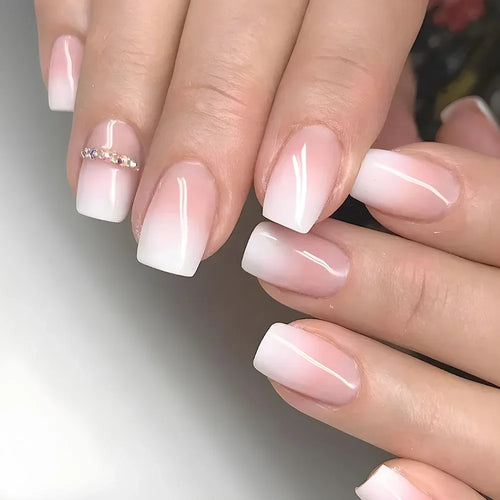 Glossy Press on Nails Set Short Oval Shiny Gradient French Nail Art