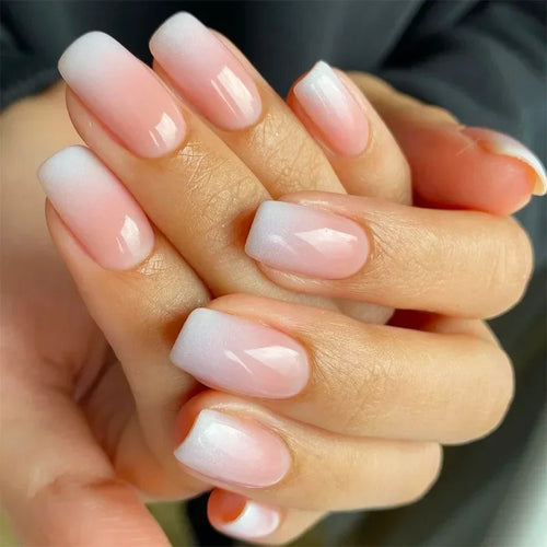 Glossy Press on Nails Set Short Oval Shiny Gradient French Nail Art