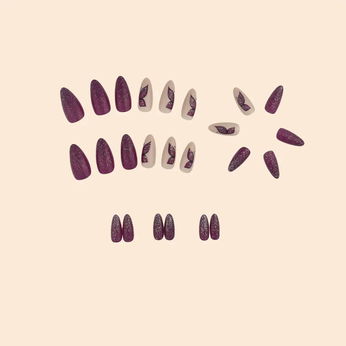 Almond Press On Nails – Purple Butterfly Flash Design
