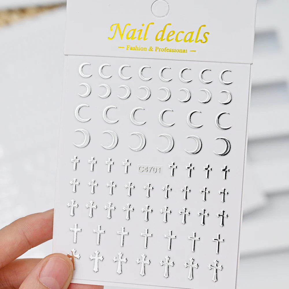 6Pcs Silver 3D Nail Art Stickers – Star, Heart & Moon Designs
