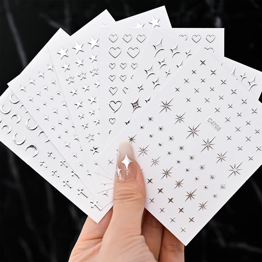 6 Sheets Silver Metallic 3D Nail Art Stickers – Stars, Chains & Hearts