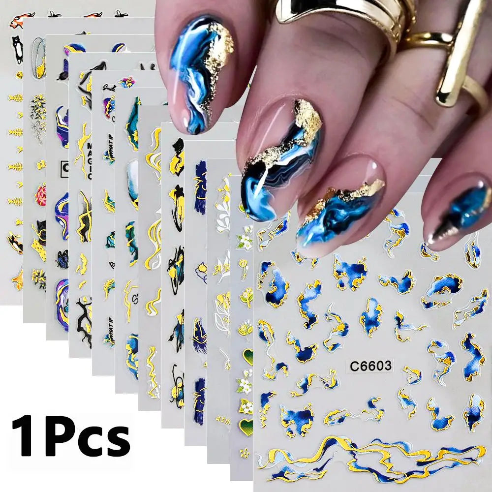 3D Blue Purple Marble Stripe Nail Art Stickers Bronzing Wave Line (1 Sheet)