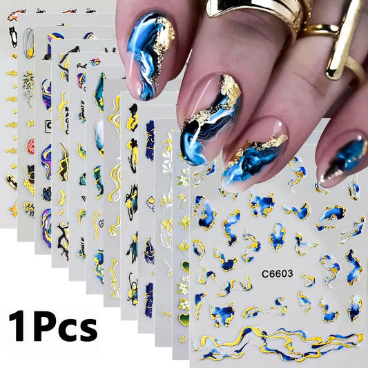 3D Blue Purple Marble Stripe Nail Art Stickers Bronzing Wave Line (1 Sheet)