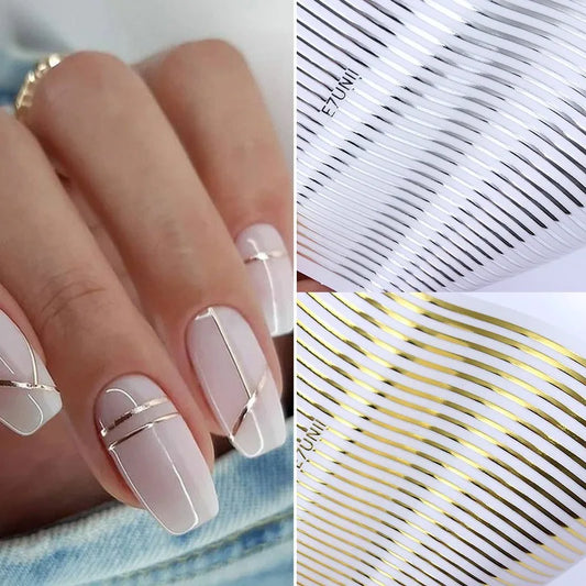 Hypoallergenic Glossy Nail Art Stickers – Gold & Silver Laser Line Design