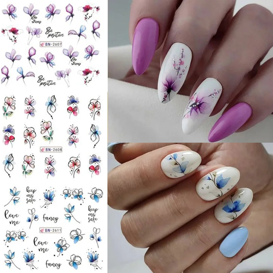 Ink Flowers & Cartoon Cat Nail Art Stickers – Water Transfer Sliders (12pcs)