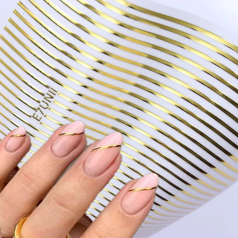 Hypoallergenic Glossy Nail Art Stickers – Gold & Silver Laser Line Design