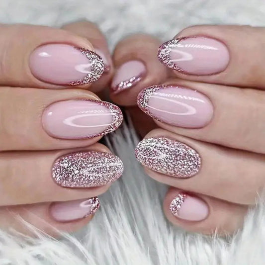 24pcs Almond Glitter Press On Nails – Short Round Head | Glue On & Stick On Nails