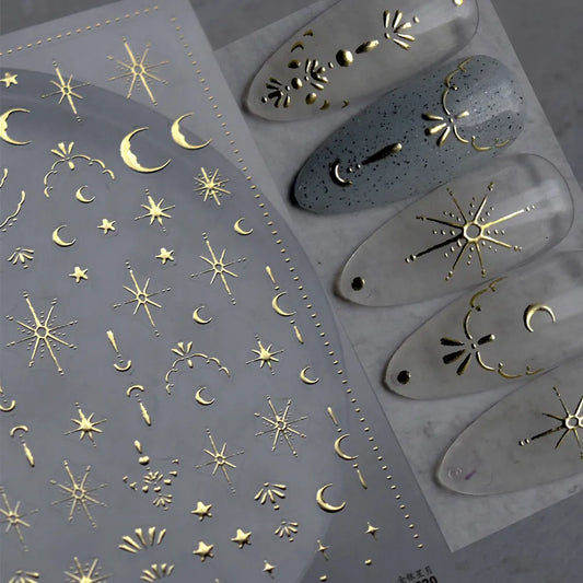3D Gold Sun, Moon & Star Bronzing Nail Art Sticker – Celestial Design Stickers