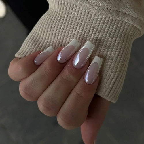 Glossy Press on Nails Set Short Oval Shiny Gradient French Nail Art