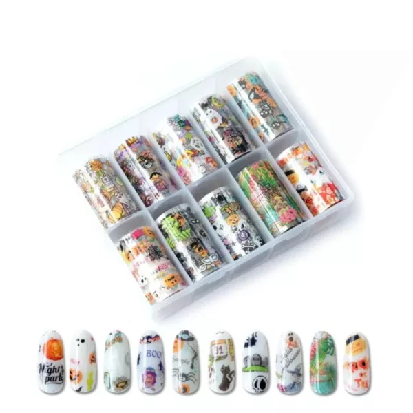 Spooky Halloween nail art foil transfer rolls featuring ghosts, pumpkins, and bats. 10 Rolls .50 cm each. For easy Halloween Nails