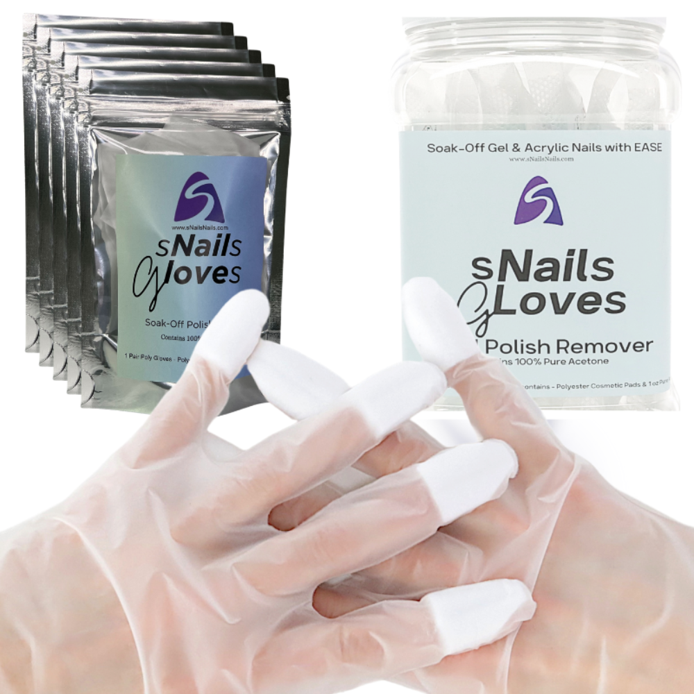 sNails Gloves - Soak Off Polish Remover. (5) Individually Packaged pair)All in one kit, 100% Pure Acetone, Cosmetic Pad and Glove - Everything is ready for you. No more dragging out the acetone, cotton and foil - sitting around doing nothing for half an hour. Now all you have to do is slip on a pair of our gloves..