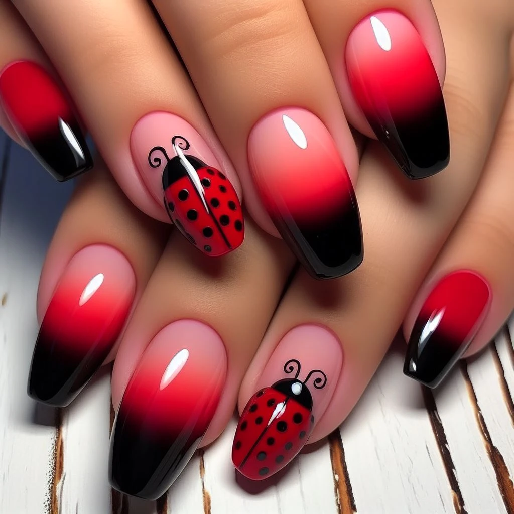 Red Spring Nail Designs 2024 - Ladybug French Tips