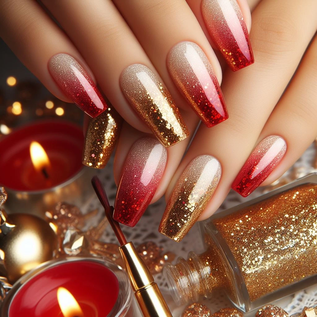 Classy Spring Nails 2024 - Red and Gold Ombre Glitter