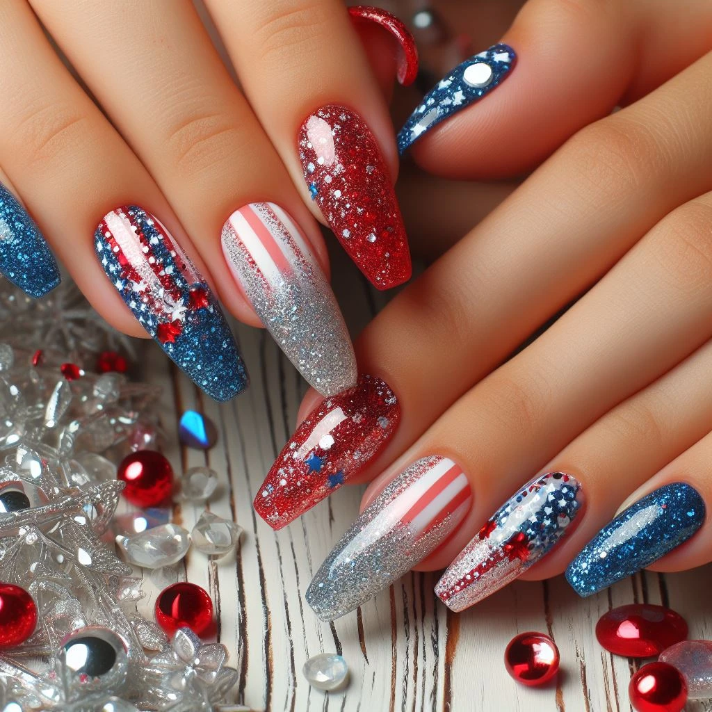 Simple Summer Nails - Red, White and Blue Glitter Ombre Nails