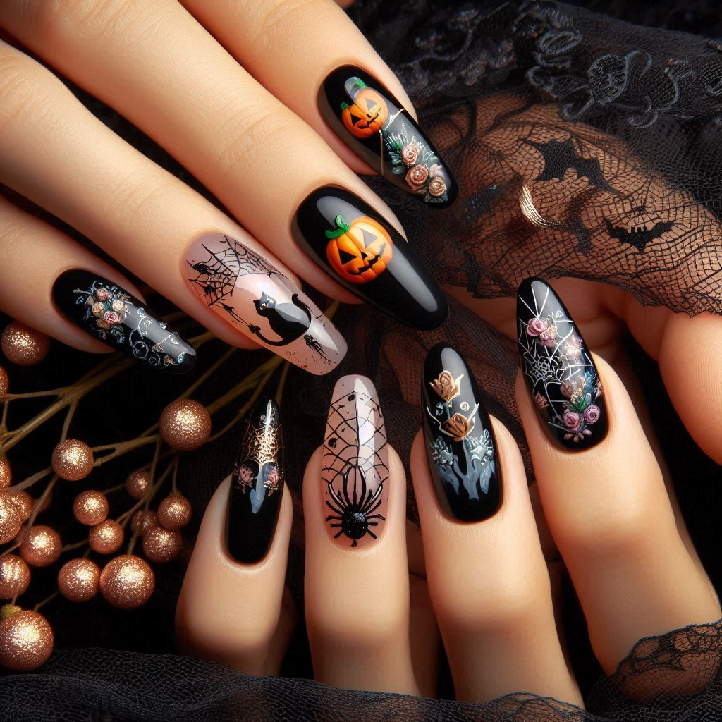 Spooky Halloween Nail Art: Pumpkins, Black Cats, and Spiders