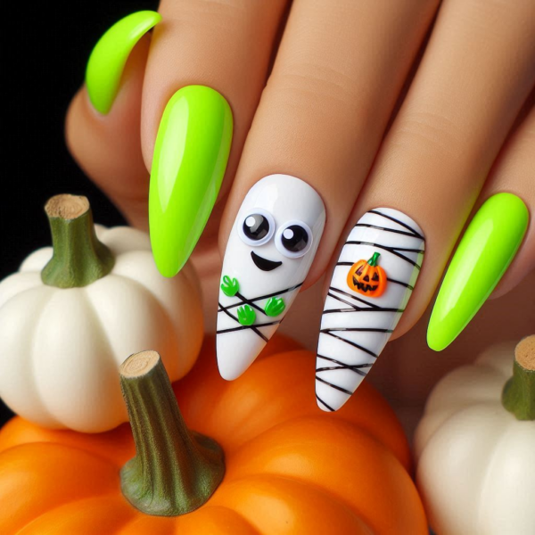 Neon Green Halloween Nails, Easy Mummy Nail Design