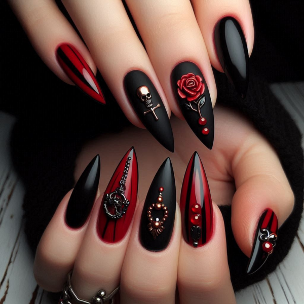 Red & Black Gothic Halloween Nails