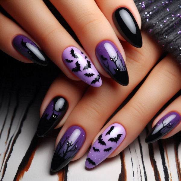 Purple Bat Halloween Nails