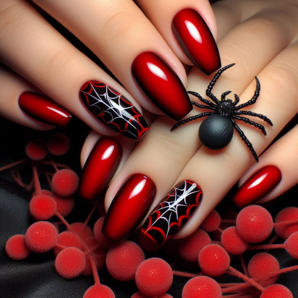 Halloween Nail Designs - Spider Webs on Red