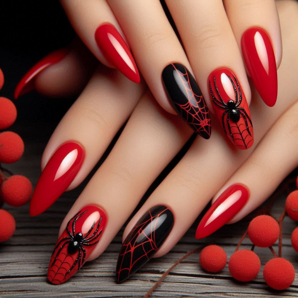 Halloween Nail Designs - Spider Webs on Red