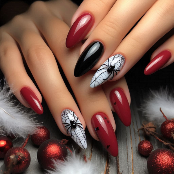 Halloween Nail Designs - Spider Webs on Red