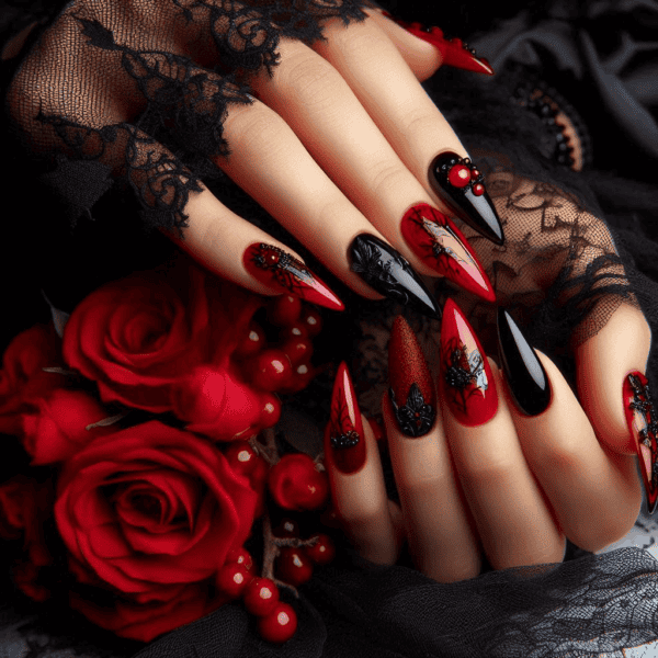 Halloween Nails - Red and Black Gothic Glam